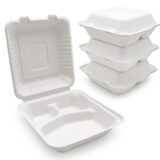 100% Compostable Clamshell To Go Boxes For Food 8X8" 3-Compartment Disposable Take Out Containers, Made of Biodegradable Sugar Cane, Eco-Friendly Bagasse, Heavy-Duty ToGo Containers For Food